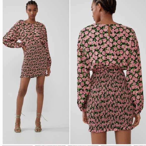 Zara Floral Print Elastic Skirt Long-sleeve Dress - Picture 1 of 14